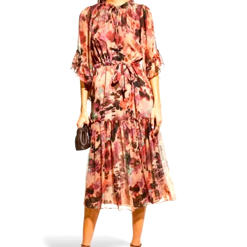 Misa Los Angeles Marcel Ruffle Trim Floral MIDI Dress